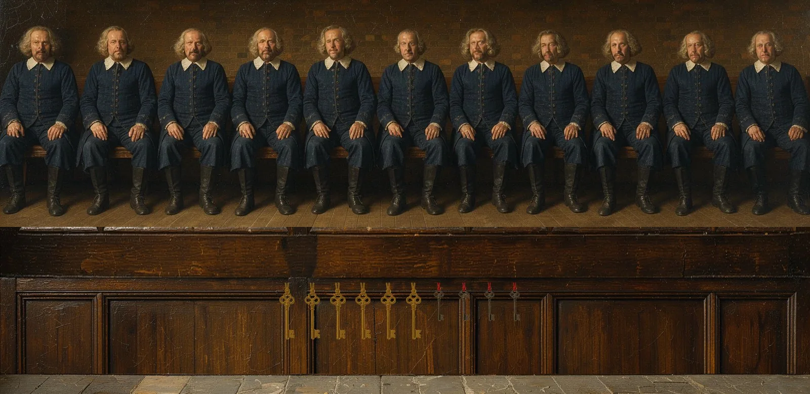 Oil painting of Phala's governance: the key-holders seated in a council gallery, their keys hanging below.