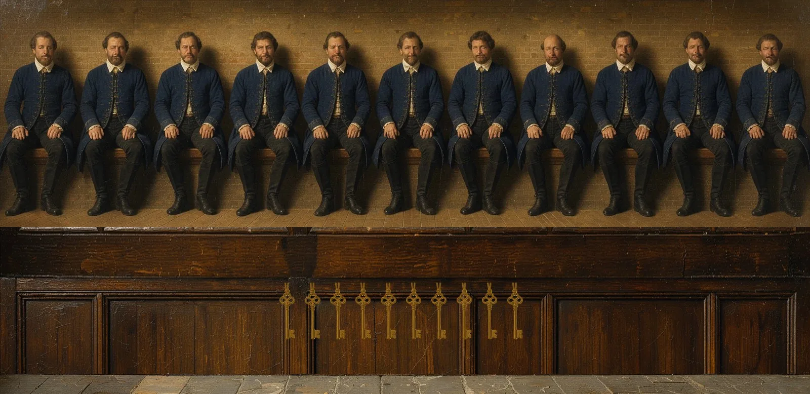 Oil painting of Plume Network's governance: the key-holders seated in a council gallery, their keys hanging below.