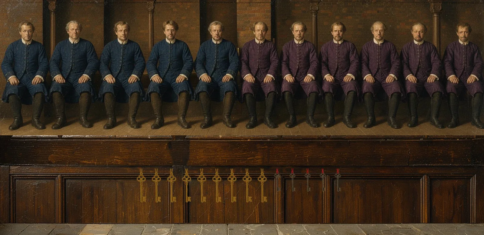 Oil painting of Polygon PoS's governance: the key-holders seated in a council gallery, their keys hanging below.