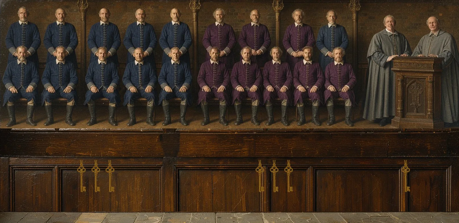 Oil painting of Polygon zkEVM's governance: the key-holders seated in a council gallery, their keys hanging below.