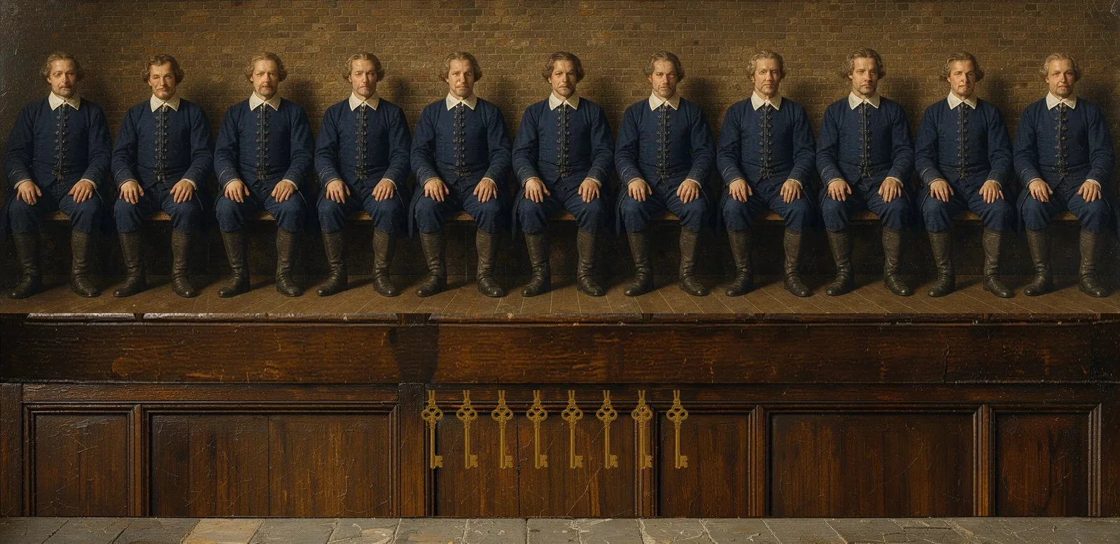 Oil painting of Reya's governance: the key-holders seated in a council gallery, their keys hanging below.
