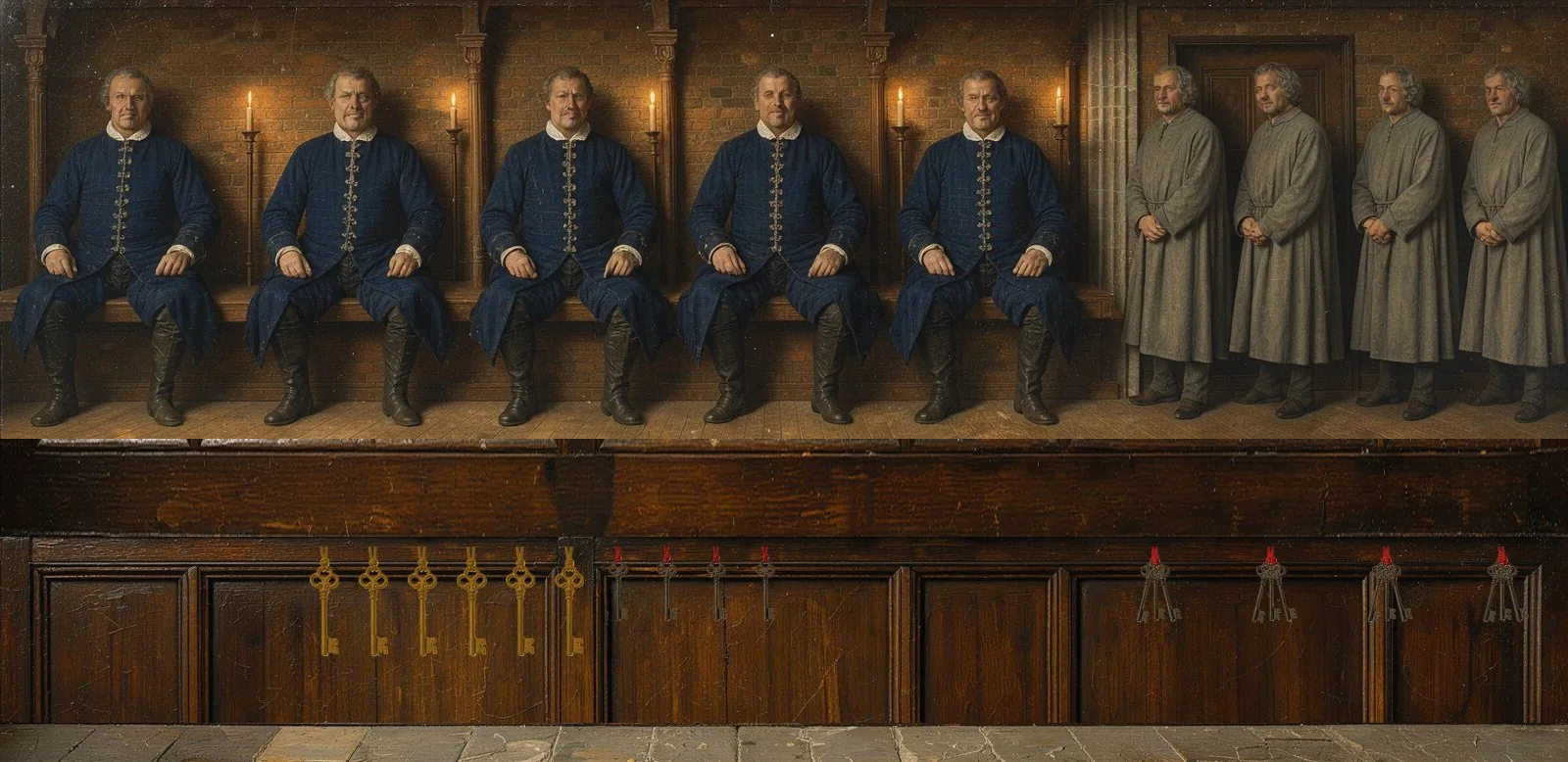Oil painting of RISE's governance: the key-holders seated in a council gallery, their keys hanging below.