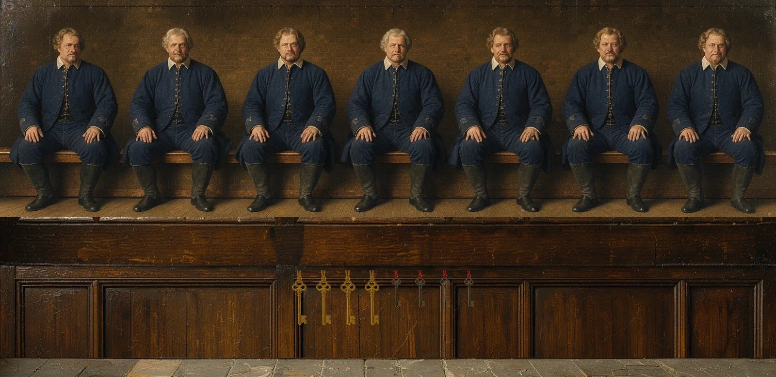 Oil painting of Towns's governance: the key-holders seated in a council gallery, their keys hanging below.