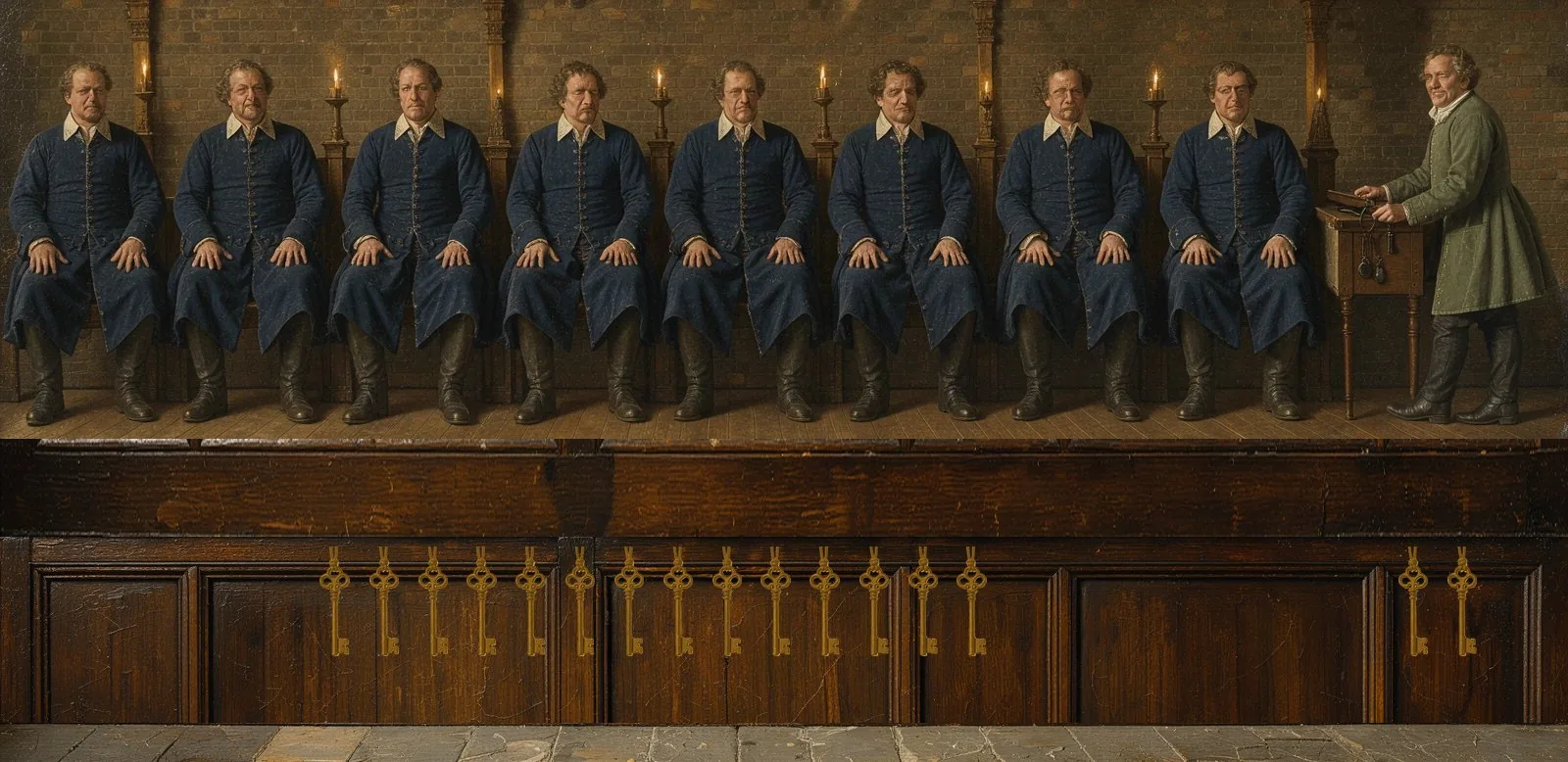 Oil painting of Robinhood Chain's governance: the key-holders seated in a council gallery, their keys hanging below.