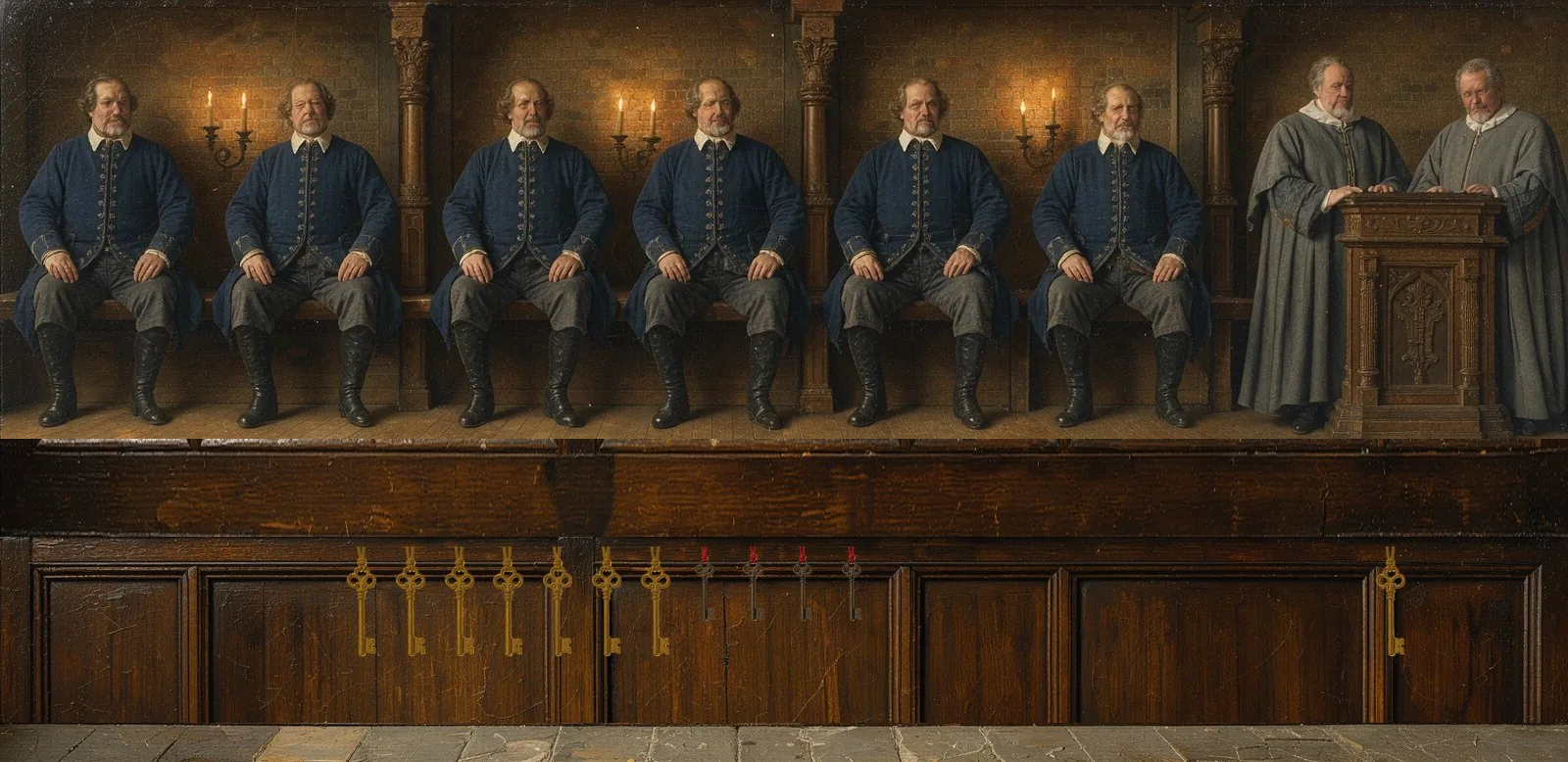 Oil painting of Ronin's governance: the key-holders seated in a council gallery, their keys hanging below.