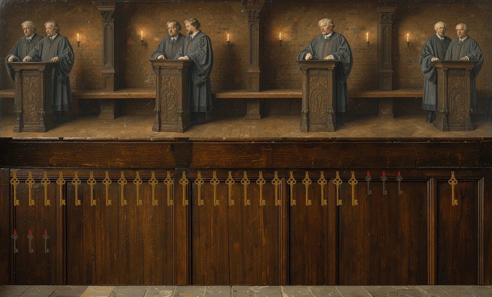 Oil painting of Scroll's governance: the key-holders seated in a council gallery, their keys hanging below.