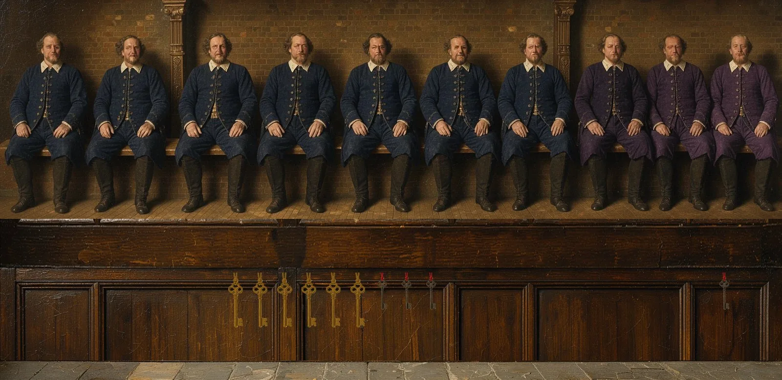 Oil painting of Settlus's governance: the key-holders seated in a council gallery, their keys hanging below.