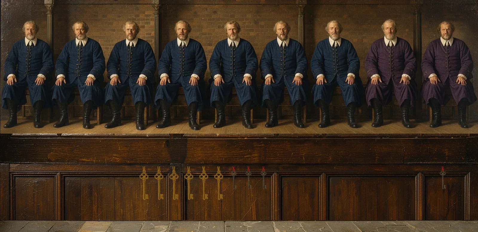Oil painting of Shape's governance: the key-holders seated in a council gallery, their keys hanging below.