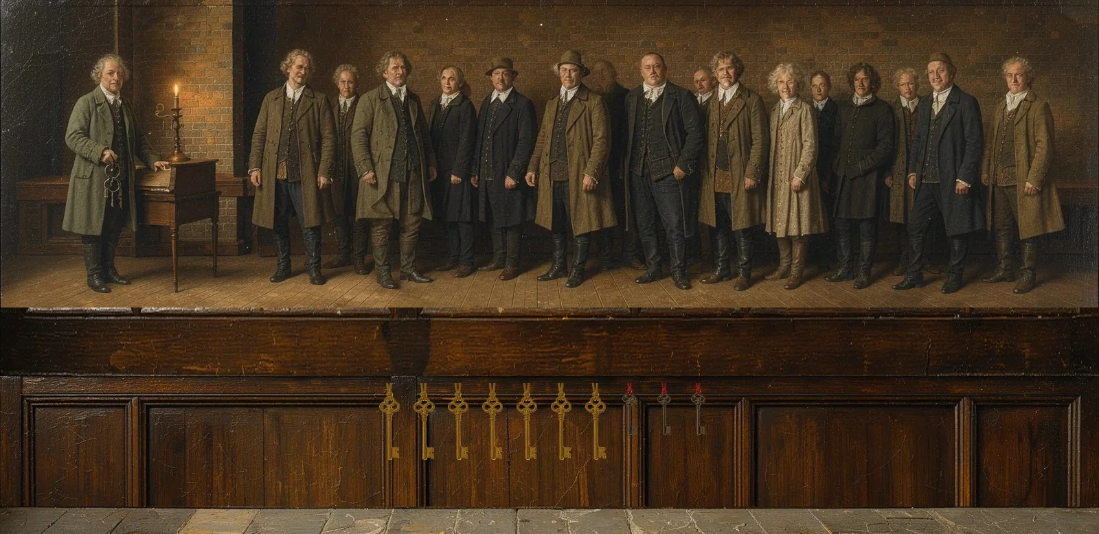 Oil painting of Shibarium's governance: the key-holders seated in a council gallery, their keys hanging below.