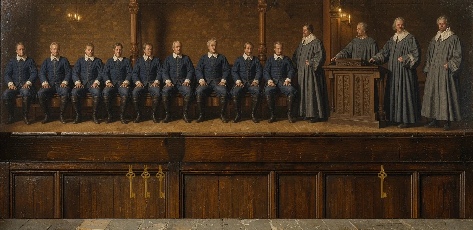Oil painting of Silicon's governance: the key-holders seated in a council gallery, their keys hanging below.