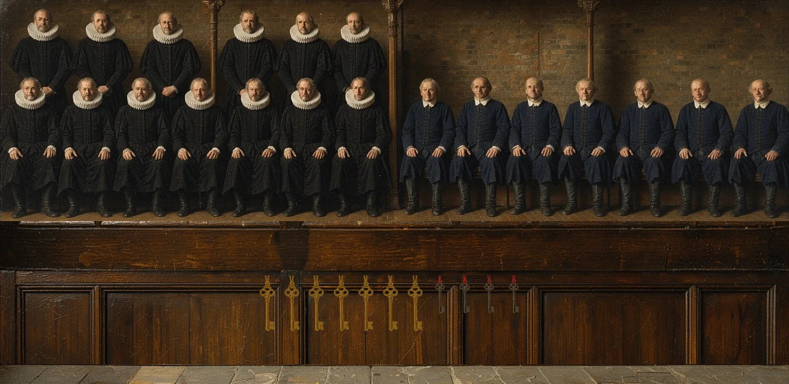 Oil painting of Soneium's governance: the key-holders seated in a council gallery, their keys hanging below.