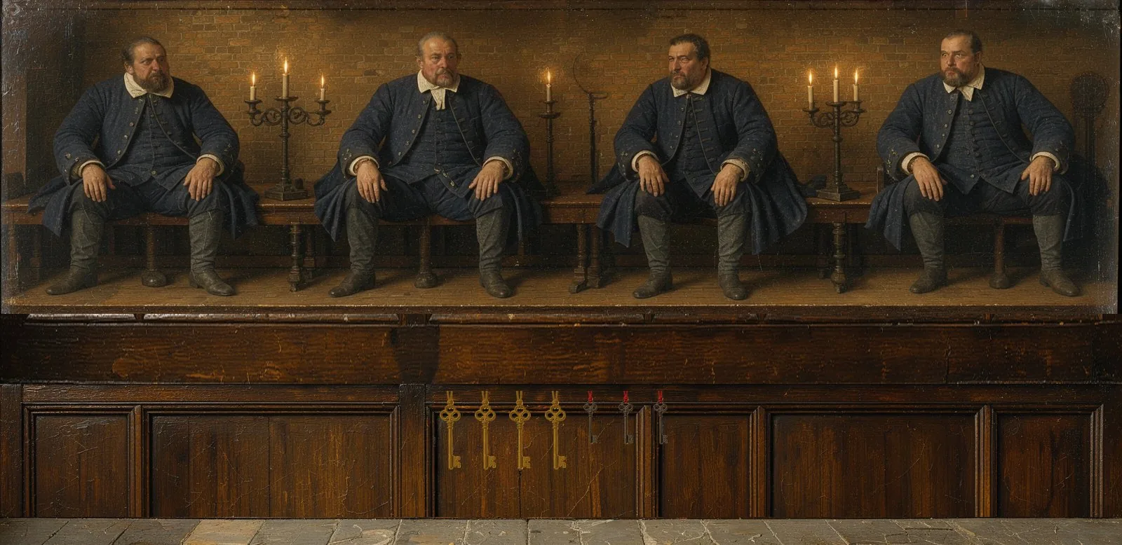 Oil painting of Soon Alpha Mainnet's governance: the key-holders seated in a council gallery, their keys hanging below.