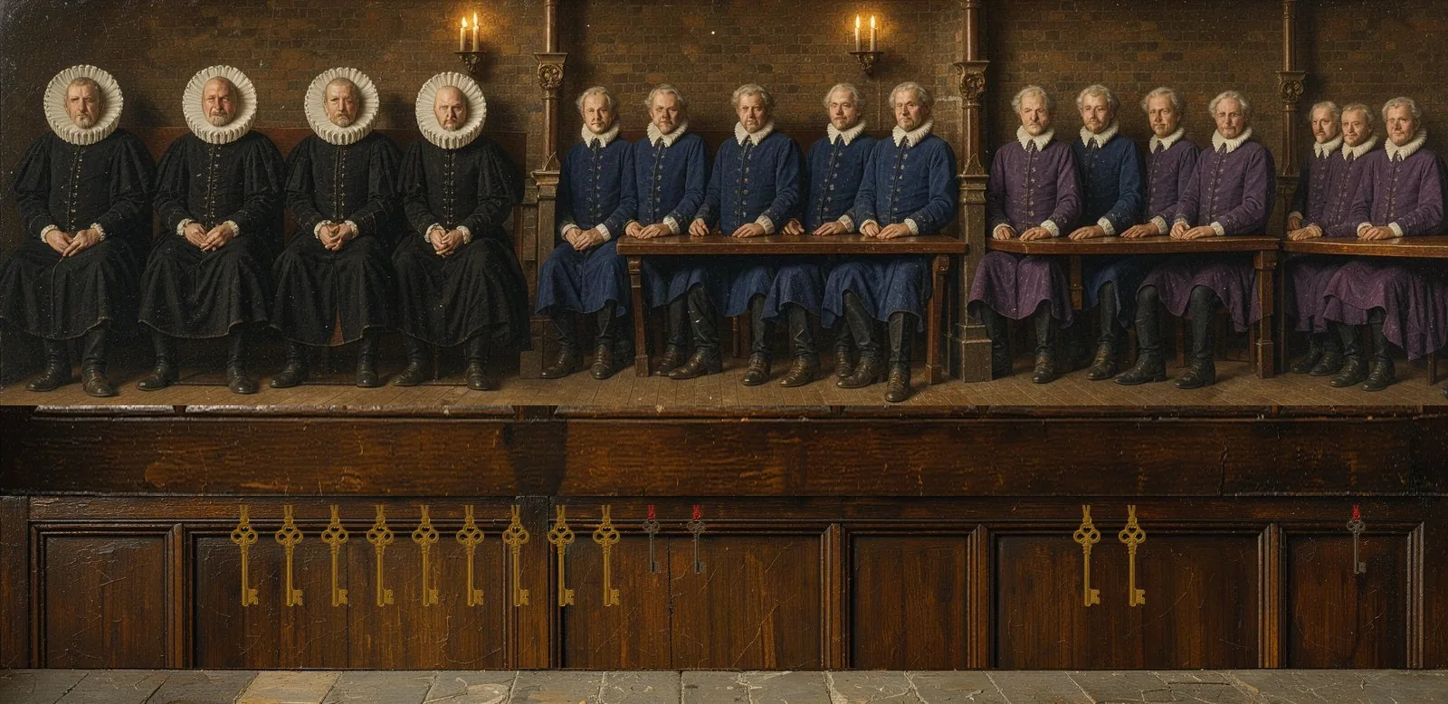 Oil painting of Sophon's governance: the key-holders seated in a council gallery, their keys hanging below.