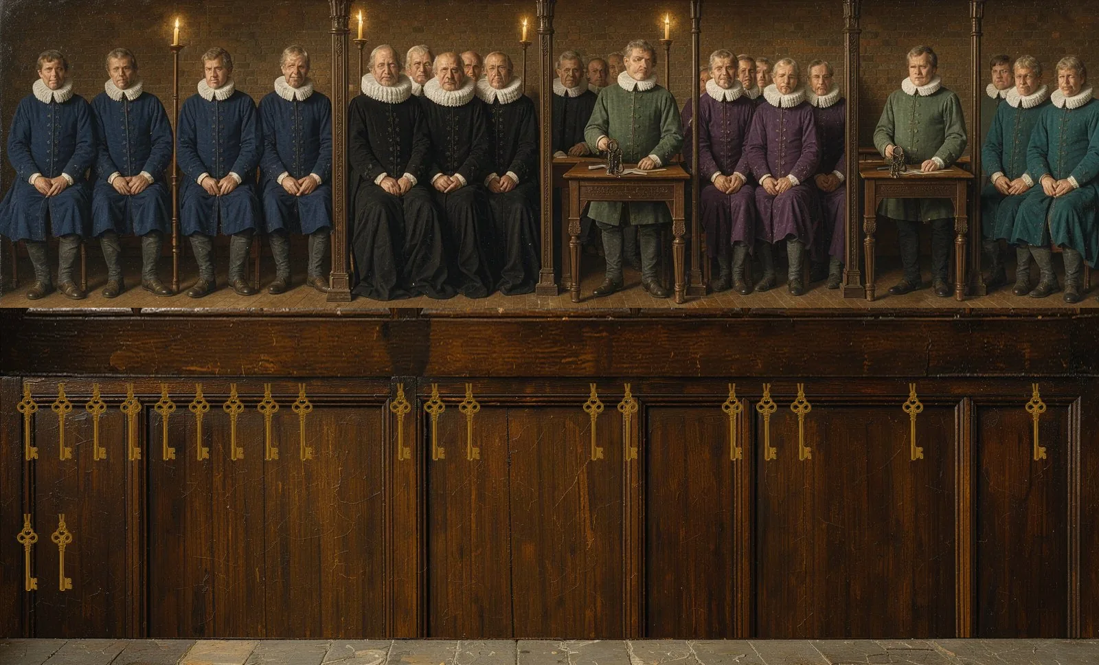 Oil painting of Starknet's governance: the key-holders seated in a council gallery, their keys hanging below.