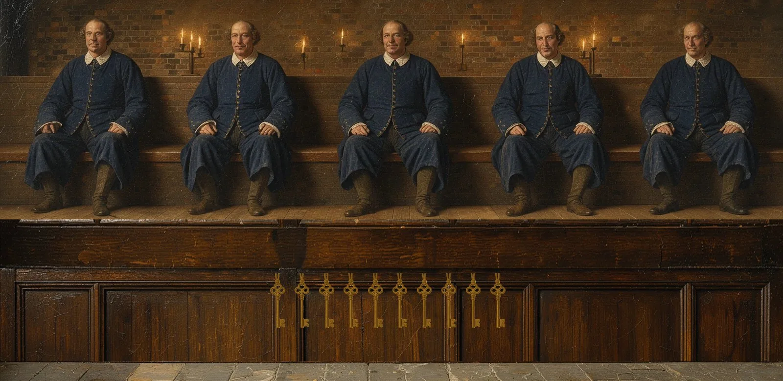 Oil painting of SX Network's governance: the key-holders seated in a council gallery, their keys hanging below.