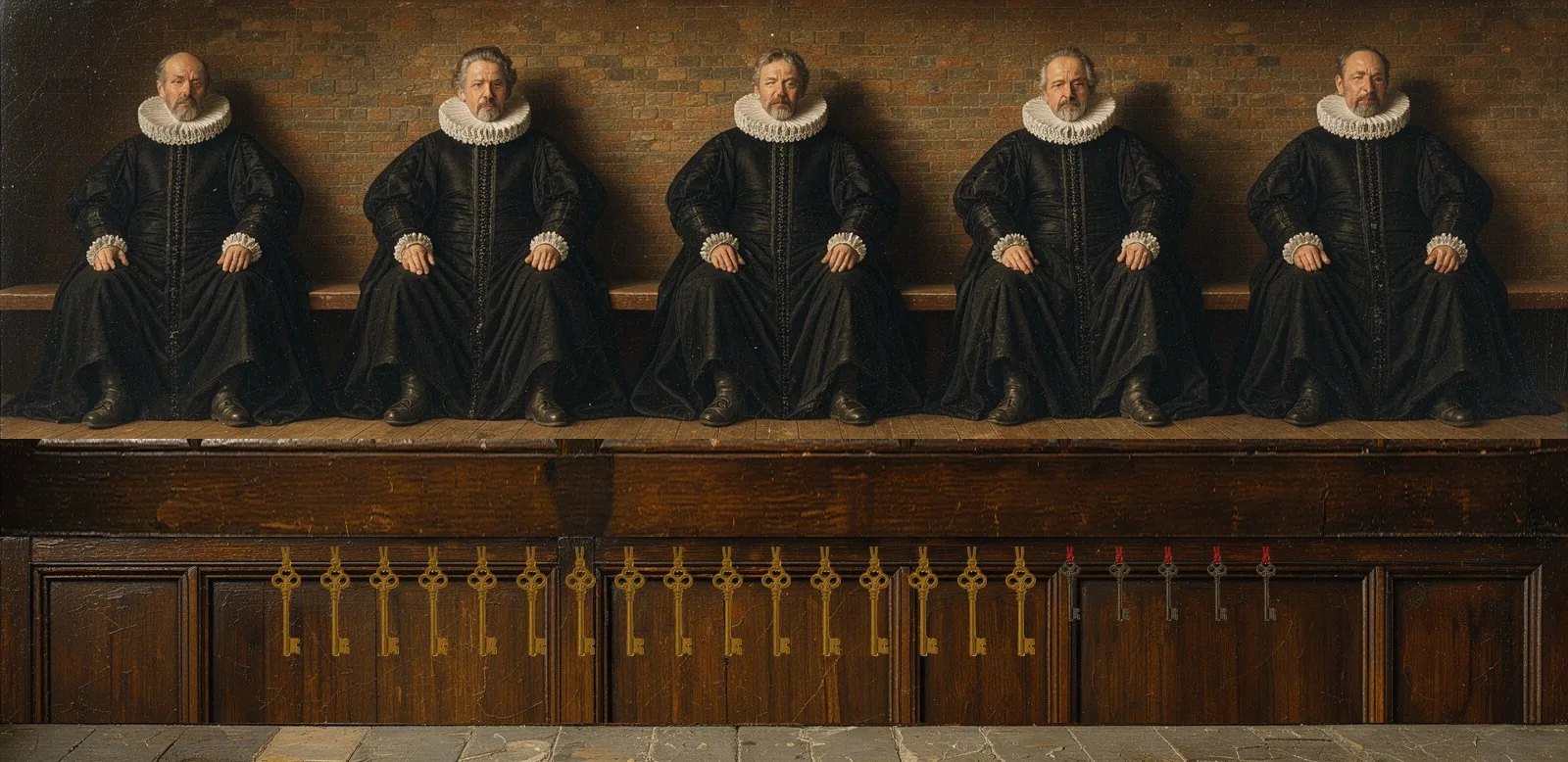 Oil painting of Taiko Alethia's governance: the key-holders seated in a council gallery, their keys hanging below.