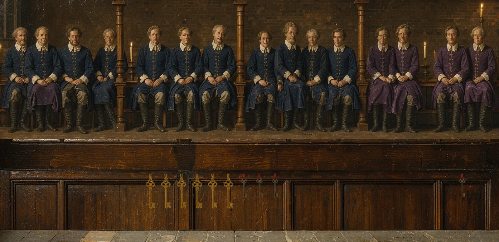 Oil painting of World Chain's governance: the key-holders seated in a council gallery, their keys hanging below.