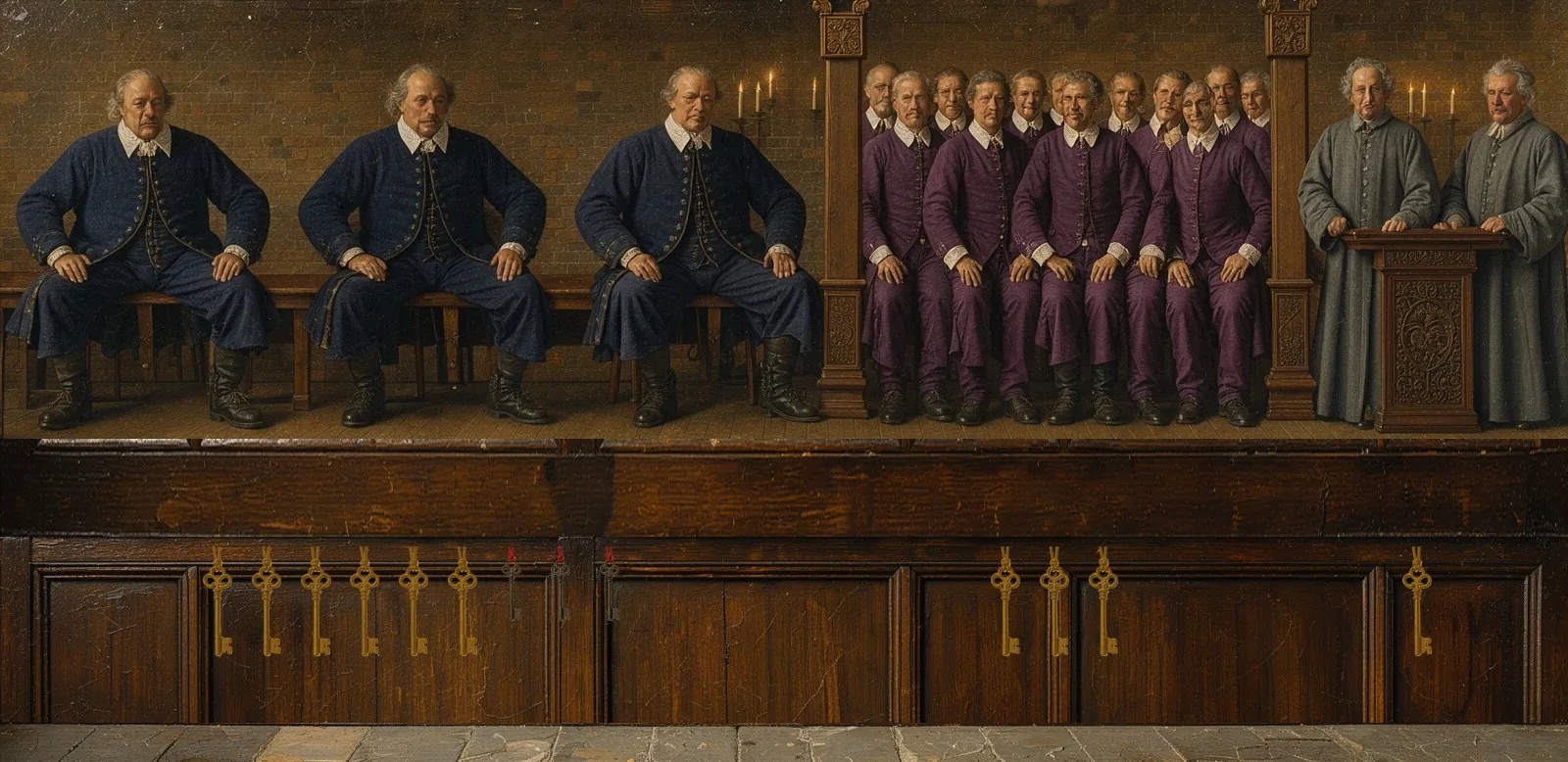 Oil painting of X Layer's governance: the key-holders seated in a council gallery, their keys hanging below.