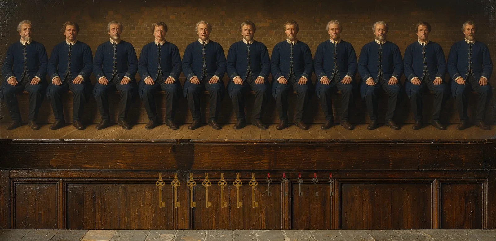 Oil painting of Zircuit's governance: the key-holders seated in a council gallery, their keys hanging below.
