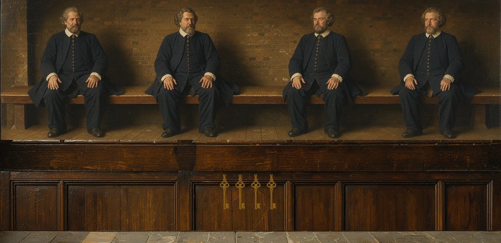 Oil painting of ZKFair's governance: the key-holders seated in a council gallery, their keys hanging below.