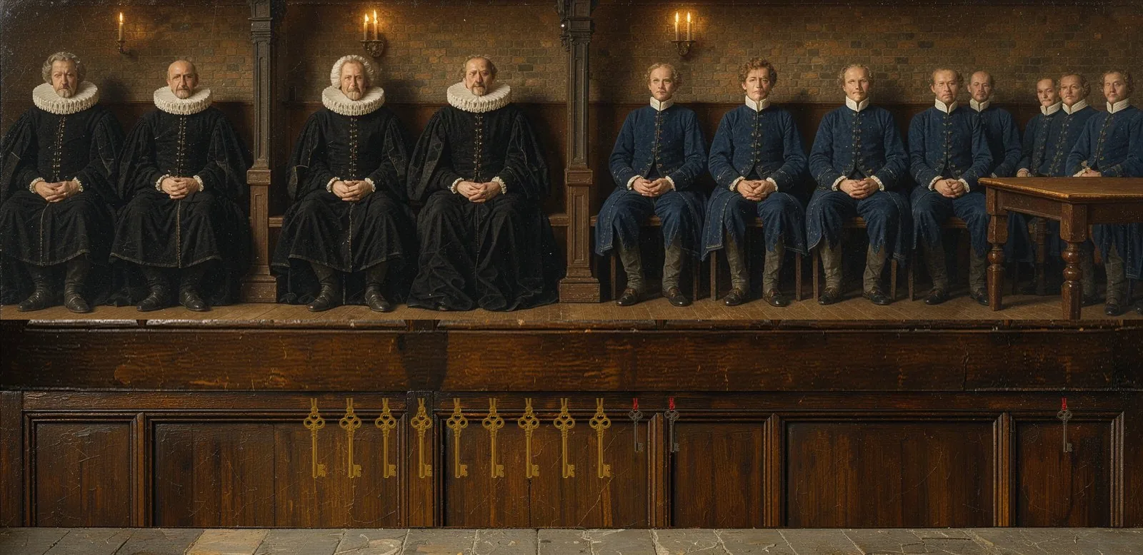Oil painting of ZKsync Era's governance: the key-holders seated in a council gallery, their keys hanging below.
