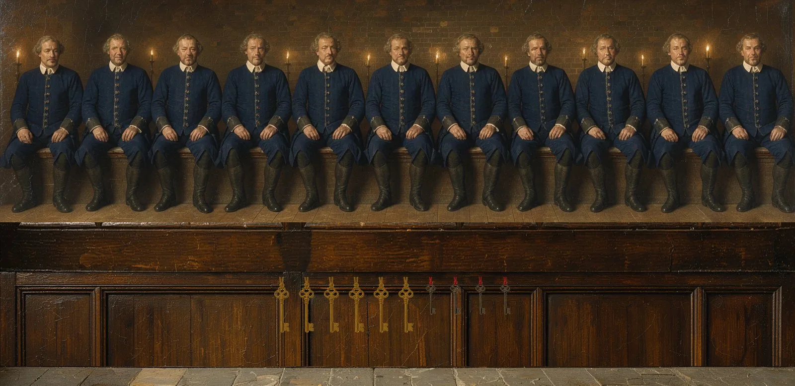 Oil painting of Zora's governance: the key-holders seated in a council gallery, their keys hanging below.